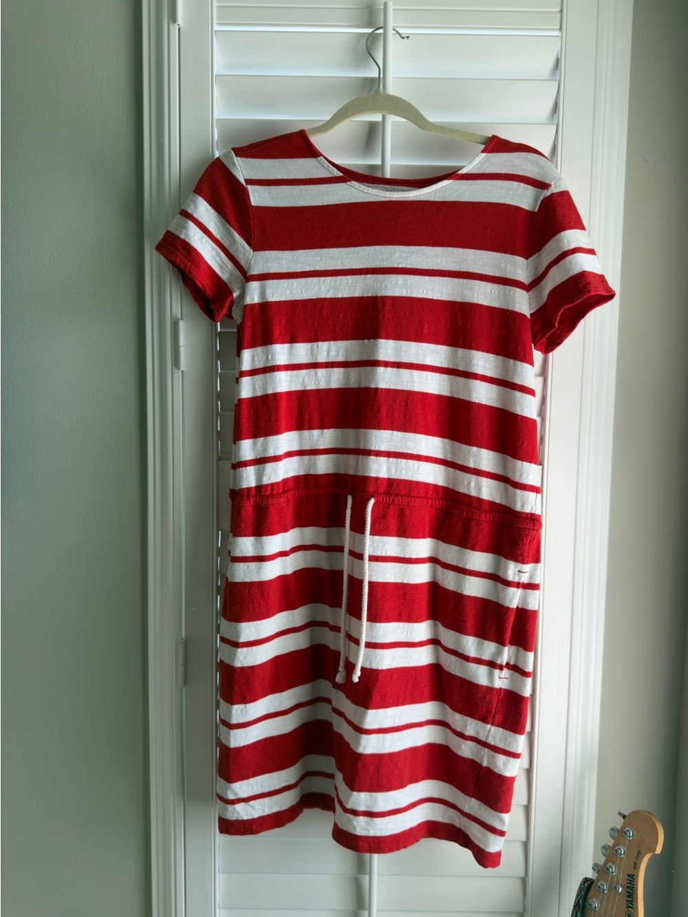 Lands' End Red and White Striped Short-Sleeve Drawstring Dress